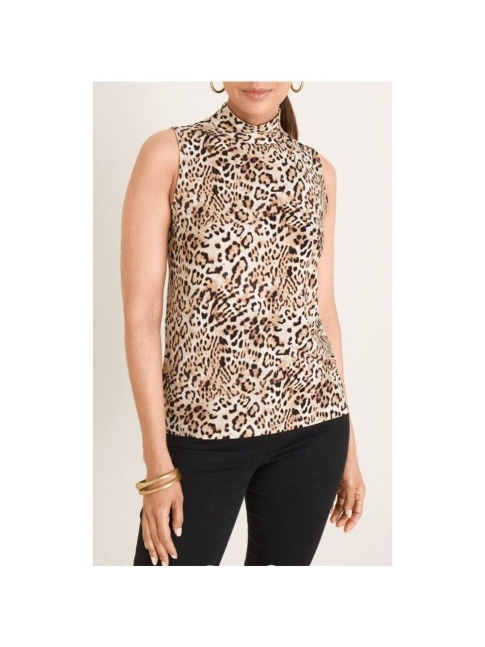 Women's Chico's Mock Neck Top Size XS Brown/Tan Animal Print, Sleeveless